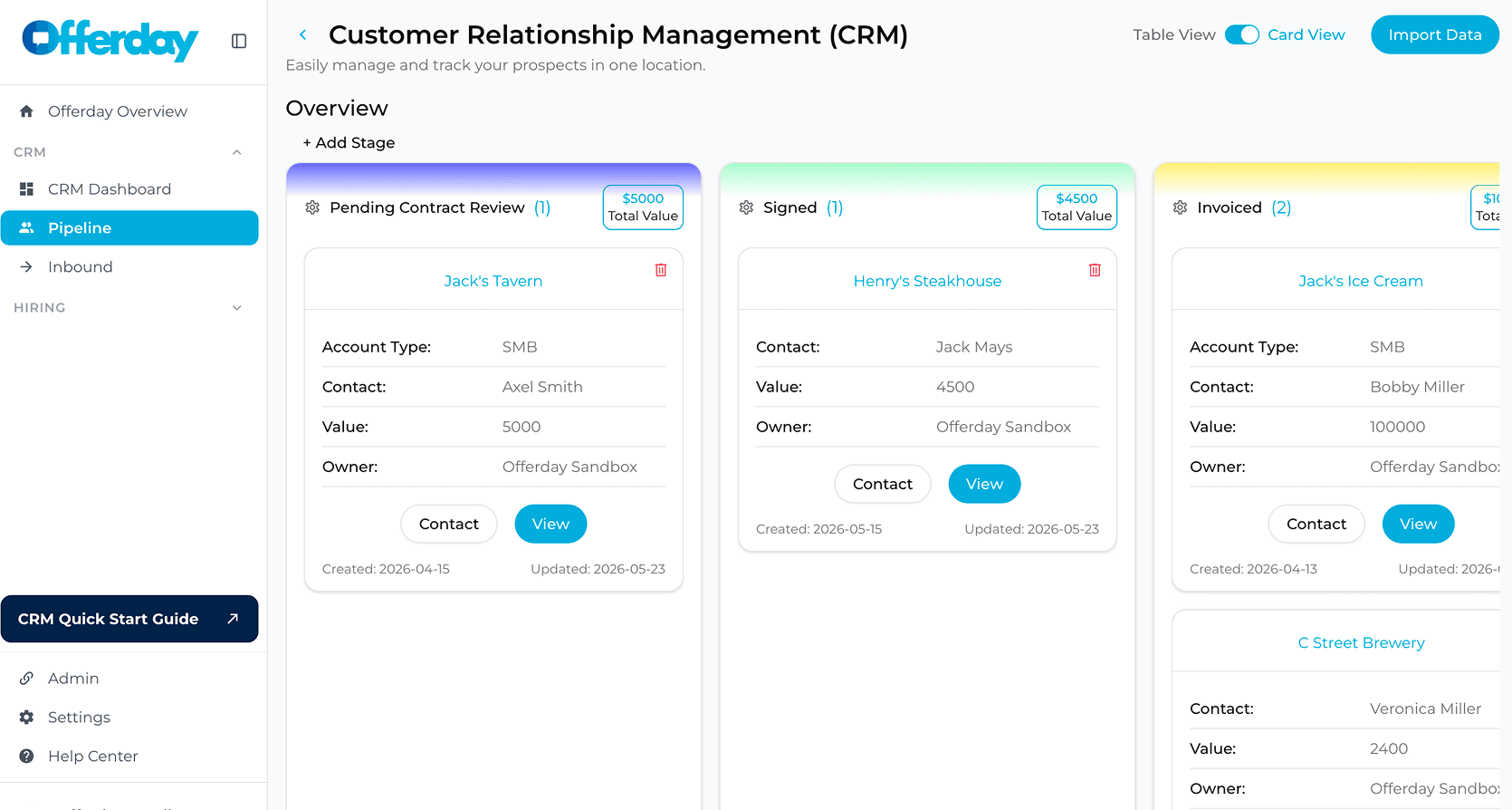 CRM card view showing sales pipeline management